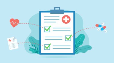 Tamamlanmış tıbbi kontrol listesi. Her işaretçinin bir simgesi var. Üç ikon var: kalp, haplar, tıbbi belgeler. Düz biçimli vektör grafikleri.