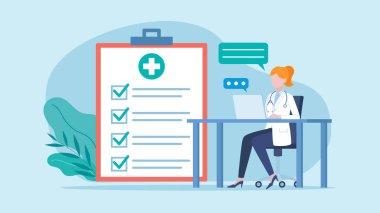Bilgisayarda çalışan ve bir hastayla çevrimiçi sohbet eden bir kadın doktor. Doktorun yanında test sonuçları olan bir kontrol listesi var. Doktorun kafasının yanında bir konuşma balonu var..