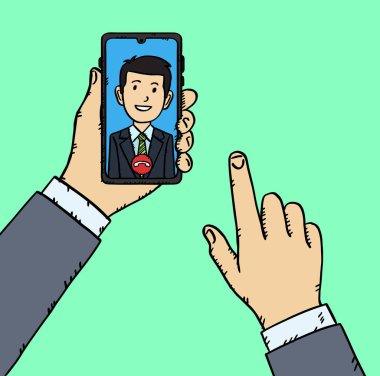 Telefon ekranında görüntülü arama var. Görüntülü bir aramayla telefonu tutuyor. Telefon ekranında bir iş adamı ve telefonu kapatmak için bir simge var. El çizimi vektör grafikleri
