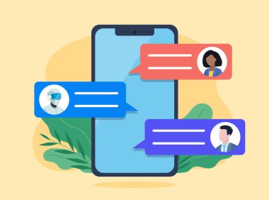 Al ile müşteri sohbeti. Çalışırken ve çalışırken kullanılan yapay zeka ile mesajlaşma. Düz tasarım tarzında vektör grafikleri. Konuşma ekranda geçiyor..