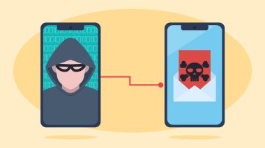 Hacker bir virüsle e-posta gönderiyor. Cep telefonunun ekranında başka bir telefonun kontrolünü ele geçiren bir hacker var. Virüslü bir e-posta. Düz tasarım vektörü. Maskeli ve başlıklı bir adam..