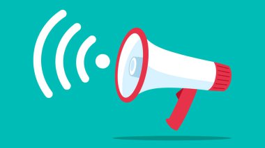 Megafon vektör grafiği. Beyaz ve kırmızı renkli megafon, sinyal simgesi. Düz tasarım çizimi. İletişim, uyarı, çevrimiçi bağlantı.