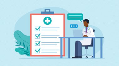 Doktor dizüstü bilgisayarda çalışıyor ve hastayla konuşuyor. Karakter ve dizüstü bilgisayarın yanında bir konuşma balonu var. Doktorun yanında işaretli cevaplar olan bir liste var. Düz tasarım biçiminde vektör grafikleri.