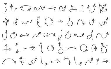 Elle çizilmiş ok koleksiyonu. Basit oklar. Ok izi simgeleri. Büyük set.