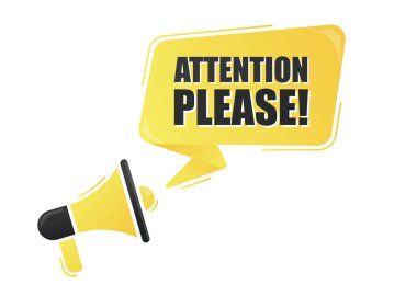 Megafonla lütfen sarı arkaplan üzerine mesaj atın. Megafon bayrağı. Web tasarımı.