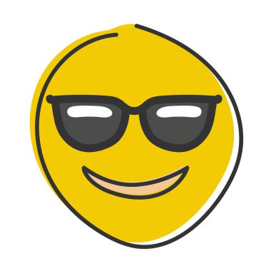 Güneş gözlüklü yüksek kalite ifade. Emoji vektörü. Güneş gözlüklü, gülen surat. El çizimi, düz stil ifade.