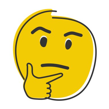 Düşünen emoji. Karalama simgesi. Semboller. Sohbet etiketi. Yüz ve başparmak. El çizimi, düz stil ifade.