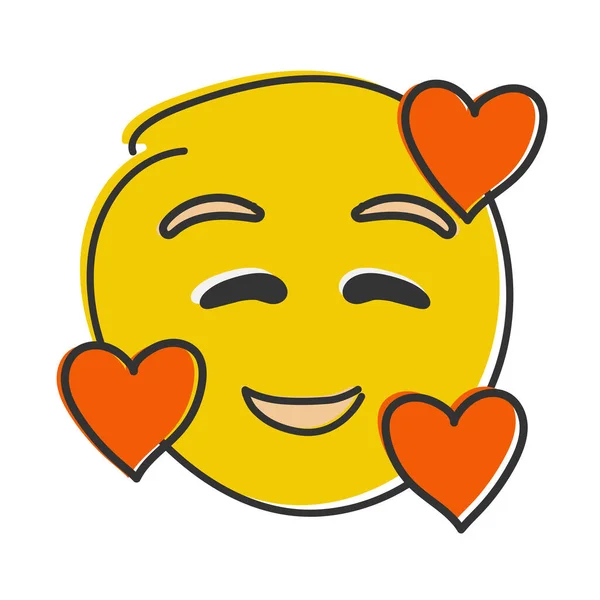 Miłości Emoji Uśmiechnięta Emotikonka Trzema Sercami Ręcznie Rysowane Płaskie Emotikony — Zdjęcie stockowe