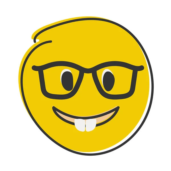 Nerd Emoji 有透明眼镜的情调 有黑边眼镜的有趣的黄色脸 手绘扁平的情感 — 图库照片