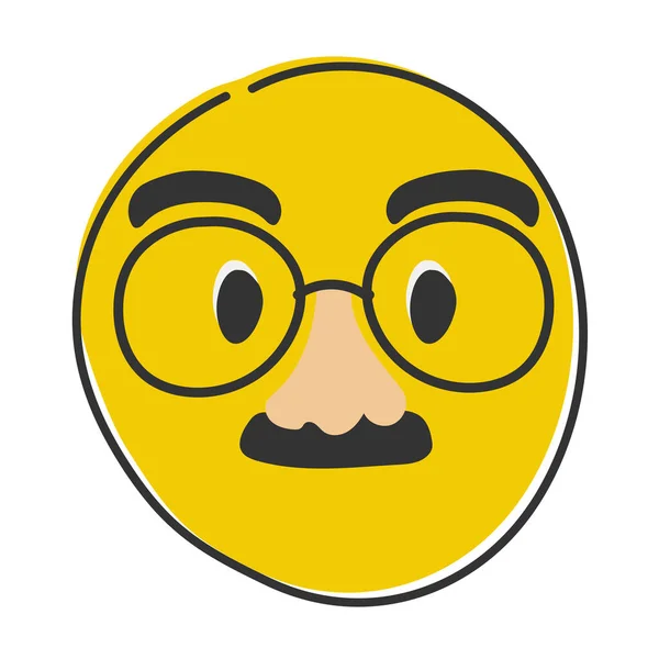 Gesicht Mit Brille Und Schnurrbart Gelbes Emoji Lächeln Handgezeichnetes Flaches — Stockfoto