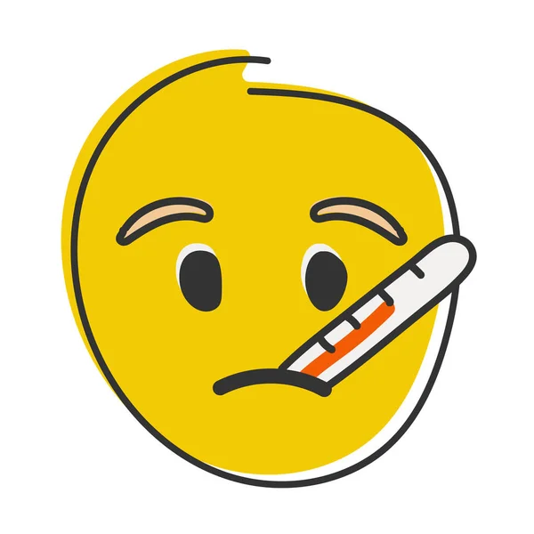 Termometr Ustach Emoji Chory Emotikon Wysoką Gorączką Ręcznie Rysowane Płaskie — Zdjęcie stockowe