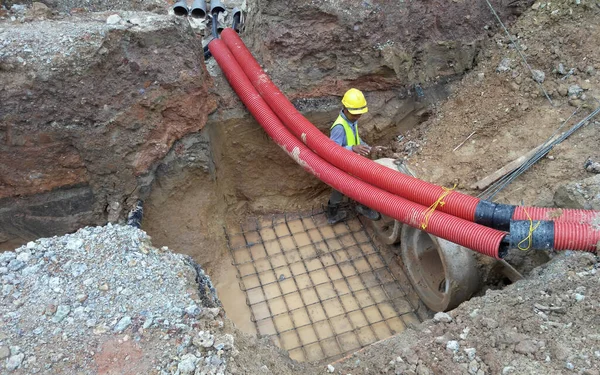Johor Malaysia Březen 2017 Podzemní Potrubí Služby Leží Pracovníky Staveništi — Stock fotografie