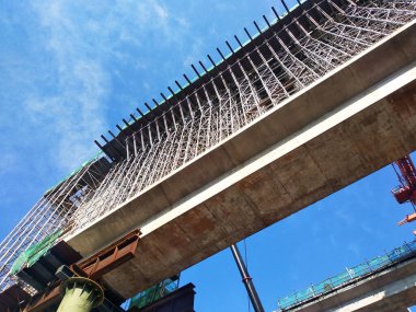 SELANGOR, MALAYSIA - 6 Temmuz 2022: yükseltilmiş bir yol yapım aşamasında. Yapı için güçlendirilmiş beton kullanılır. Yapım aşamaları çalışma sırasına göre yapılır.