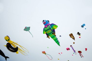 Johor, Malezya - 22 Şubat 2015: Mersing, Malezya 'da Kite Festivali. Olay sırasında uçurtmaların çeşitli türleri ve tasarımları uçtu.
