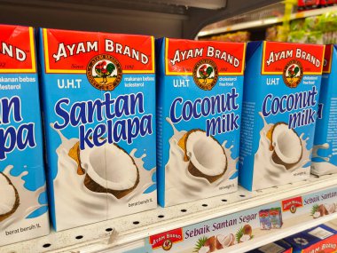 MELAKA, MALAYSIA -NOVEMBER 12, 2022: Ticari paketleme ve süpermarketlerde sergilenen işlenmiş hindistan cevizi sütü üzerine odaklanıldı. Markaya göre sıralanmış ve fiyat etiketi var..