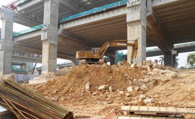 MELAKA, MALAYSIA -MARCH 1, 2022: Excavators machine at the construction site. It is used to excavate and lifting soil and other material at the construction site. 