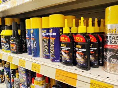 JOHOR, MALAYSIA -FEBRUARY 3, 2022: Various car care products on display for sale. Separated by category, brand, type and price. Have a price tag to make it easier for customers.