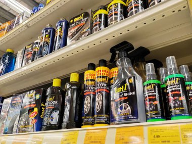 JOHOR, MALAYSIA -FEBRUARY 3, 2022: Various car care products on display for sale. Separated by category, brand, type and price. Have a price tag to make it easier for customers.