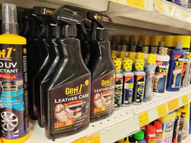 JOHOR, MALAYSIA -FEBRUARY 3, 2022: Various car care products on display for sale. Separated by category, brand, type and price. Have a price tag to make it easier for customers.
