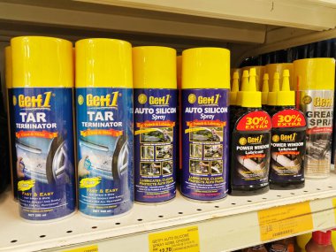 JOHOR, MALAYSIA -FEBRUARY 3, 2022: Various car care products on display for sale. Separated by category, brand, type and price. Have a price tag to make it easier for customers.