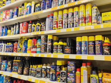 JOHOR, MALAYSIA -FEBRUARY 3, 2022: Various car care products on display for sale. Separated by category, brand, type and price. Have a price tag to make it easier for customers.