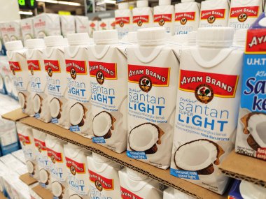 JOHOR, MALAYSIA -NOVEMBER 12, 2022: Ticari paketleme ve süpermarketlerde sergilenen işlenmiş hindistan cevizi sütü üzerine odaklanmış. Markaya göre sıralanmış ve fiyat etiketi var..