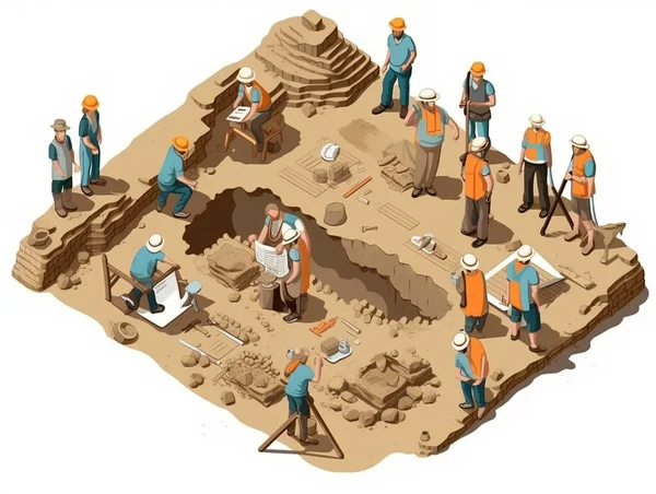 Ilustração Isométrica Vários Arqueólogos Que Realizam Trabalhos Escavação Sítio Arqueológico — Fotografia de Stock