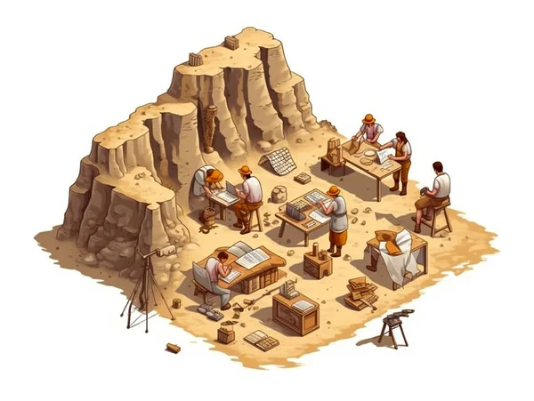 stock image 3D isometric illustration of several archaeologists carrying out excavation work at an archaeological site. Various other activities such as sample analysis and planning are also being done there.