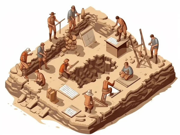Bir Arkeoloji Sahasında Kazı Çalışmaları Yapan Çok Sayıda Arkeologun Boyutlu — Stok fotoğraf