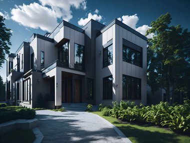 Özel bir evin maskaralığının yansıması. Evin çevresi güzel bir manzarayla dekore edilmiştir. Parkın ortasındaki tek ev..