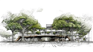 Mimarın şehir içindeki bir parkın konsept çizimi. 2 bakış açısı. Renkli kalemler ve kalemler kullanılarak çizim. 