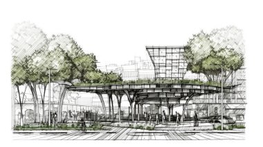 Mimarın şehir içindeki bir parkın konsept çizimi. 2 bakış açısı. Renkli kalemler ve kalemler kullanılarak çizim. 