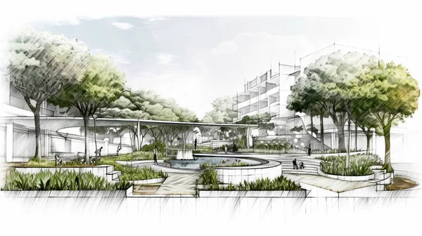 Dibujo Conceptual Del Arquitecto Parque Público Dentro Del Área Urbana — Foto de Stock