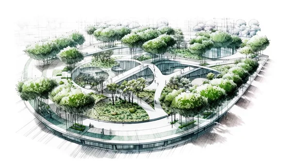 Architect\'s concept sketch drawing of a public park within the urban area. 2 points of perspective. Drawing using the medium of colored pencils and pencils.