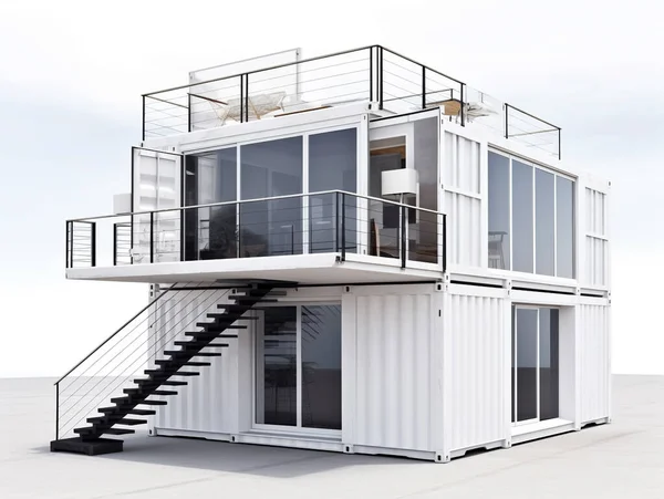 Illustrazione Una Piccola Casa Costruita Con Container Riciclati Dipinto Bianco — Foto Stock