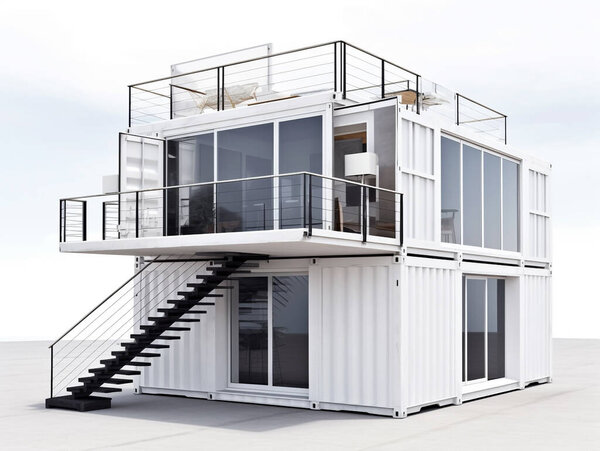 Иллюстрация небольшого дома, построенного из переработанных грузовых контейнеров. Накрашены в белый цвет, чтобы уменьшить скорость теплопроводности в доме. Дом оборудован мебелью и коммунальными услугами.