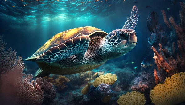Illustration of a turtle swimming in shallow sea water. Through the cracks of the beautiful sea coral. The turtle is heading towards the beach for the purpose of laying eggs.