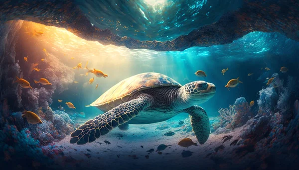 Illustration Turtle Swimming Shallow Sea Water Cracks Beautiful Sea Coral Stock Image