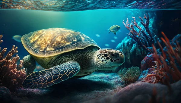 Sığ Deniz Suyunda Yüzen Bir Kaplumbağa Tasviri Güzel Deniz Mercanlarının Telifsiz Stok Imajlar