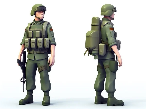 制服姿の兵士と完全武装の3Dイラスト タスクを実行するように指示される準備ができています 子供に適した漫画の画像 白地に隔離された — ストック写真
