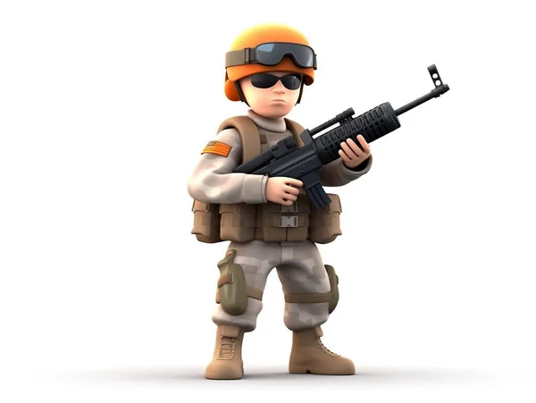 制服姿の兵士と完全武装の3Dイラスト タスクを実行するように指示される準備ができています 子供に適した漫画の画像 白地に隔離された — ストック写真