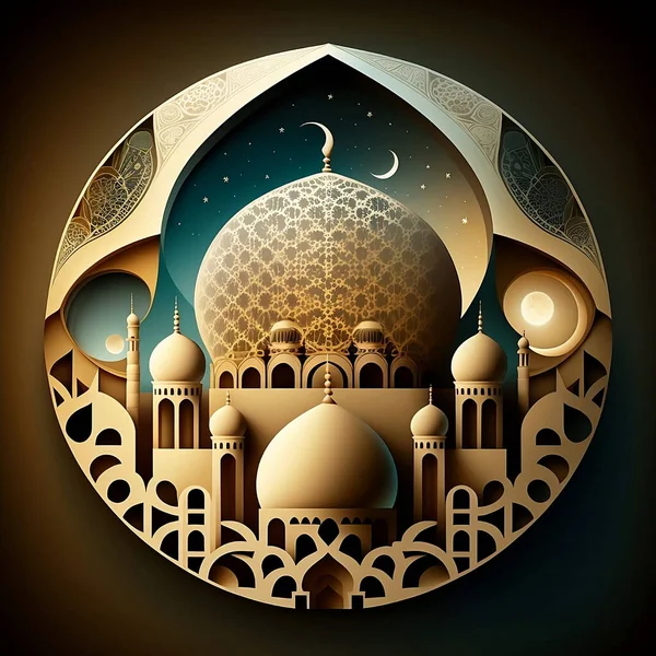 具有大门和伊斯兰几何元素的黄昏清真寺的图形图像 新月在天上 庆祝穆斯林神圣的斋月的象征 — 图库照片