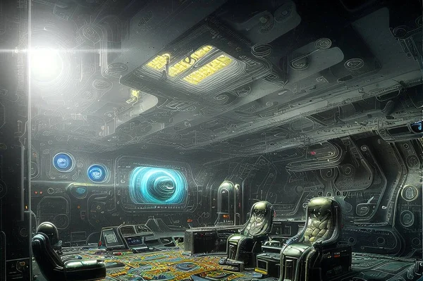 Retro-futuristic illustration of a future control room and workspace scene. The crew is on duty. Have a large screen for work and control.