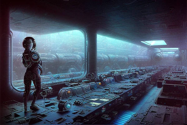 Retro-futuristic illustration of a future control room and workspace scene. The crew is on duty. Have a large screen for work and control.