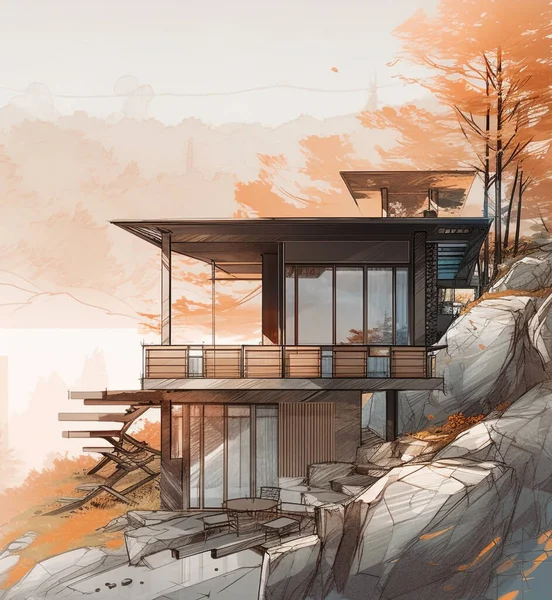Illustration Villa Modern Architecture Built Rocky Land Environmentally Friendly Design — Stock Photo, Image