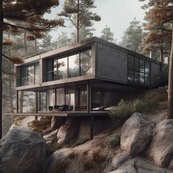 Illustration Villa Med Modern Arkitektur Byggd Stenig Mark Miljövänlig Design — Stockfoto