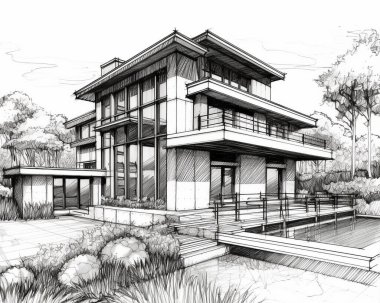 Önünde kalem kullanarak yüzme havuzu olan modern tarz bir evin çizimi. Beyaz arkaplanlı siyah beyaz çizimler. Evin çevresi çok güzel..