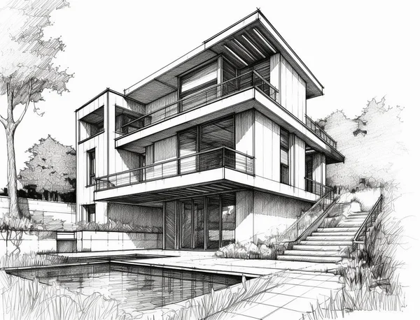 Desenho Ilustração Uma Casa Estilo Moderno Que Tem Uma Piscina — Fotografia de Stock