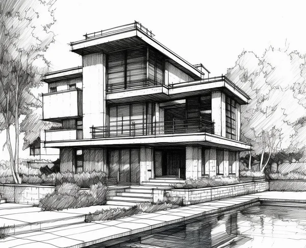 Skizze Illustration Eines Modernen Stils Haus Das Einen Swimmingpool Vor — Stockfoto