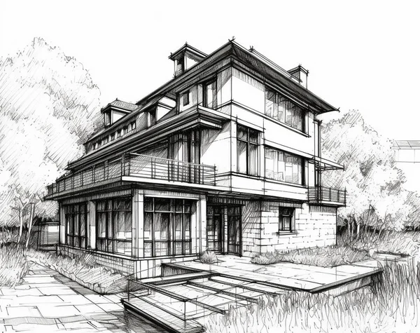 Illustrazione Schizzo Una Casa Stile Moderno Che Una Piscina Fronte — Foto Stock